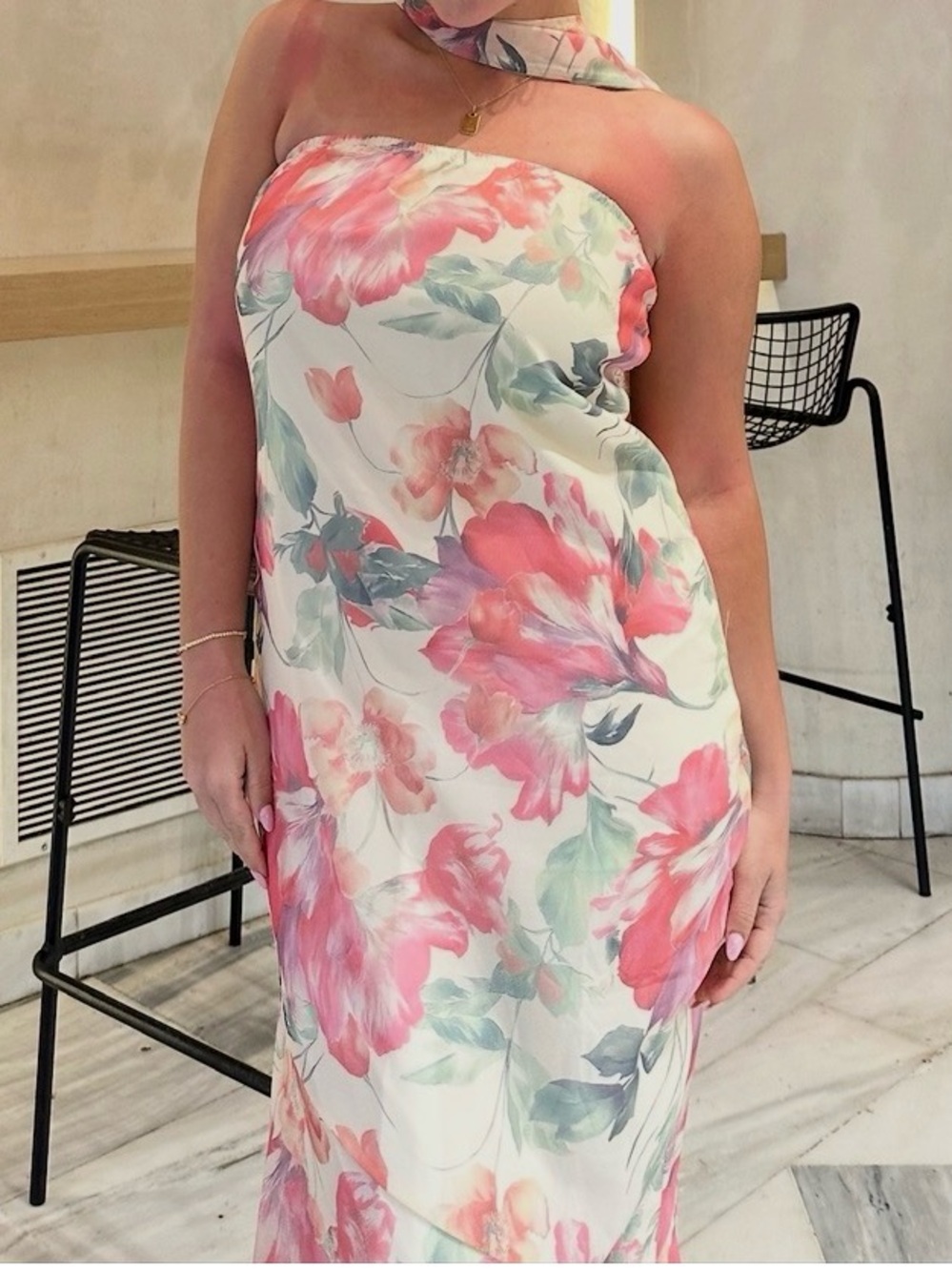 Floral Pink and Green Chiffon Girls' Dress